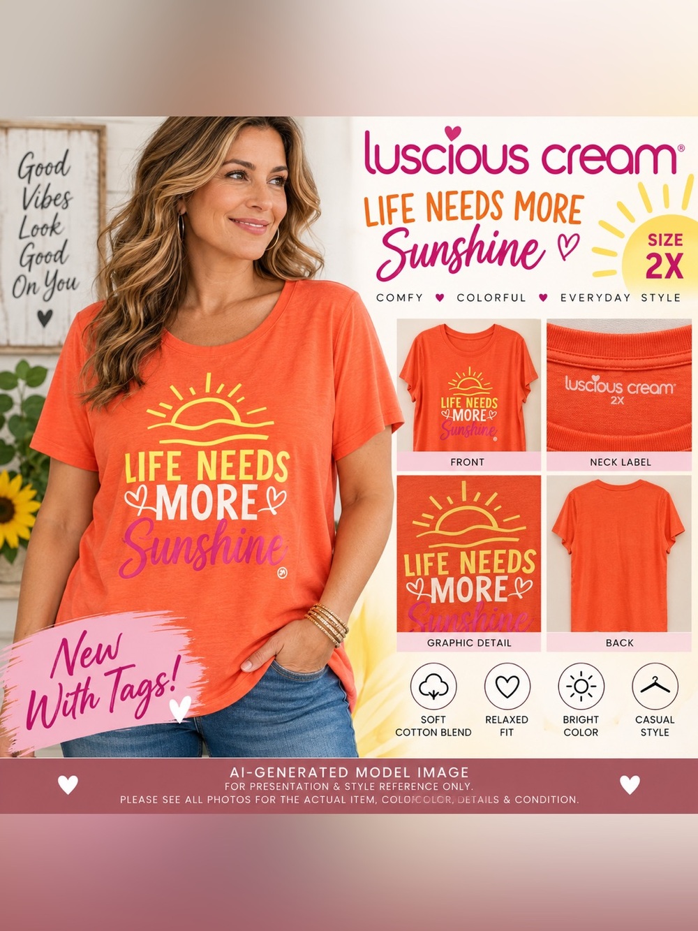 LUSCIOUS CREAM “LIFE NEEDS MORE SUNSHINE” GRAPHIC TEE • SIZE 2X
